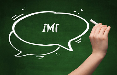 Hand drawing IMF abbreviation with white chalk on blackboard
