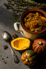 A healthy Moroccan stew with butternut squash, carrot, sweet potato and lentils. Healthy eating concept. 
