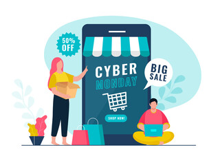 Online Shopping Of Cyber Monday Sale From Smartphone with 50% Discount Offer, Cartoon Man and Woman Character on White Background.