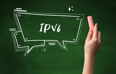 Hand drawing IPV6 abbreviation with white chalk on blackboard