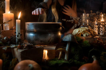 A cute little witch cooks a potion over a bonfire of herbs and mushrooms. Beautiful baby girl in witch costume with Halloween decoration