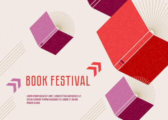 Banner or poster for book festival. Open books flying with arrows. Concept. Vector minimalist background with textures. Design template for a library.  Striving for success.