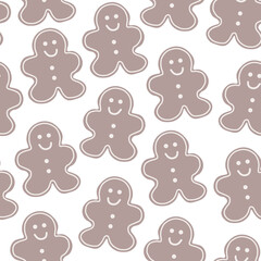 Gingerbread man Christmas seamless pattern. Repetitive vector illustration of gingerbread man cookies on transparent background. Christmas wrapping, texture, pattern, backdrop. 