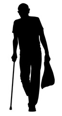 Silhouette of an elderly man with a cane and a package in his hands