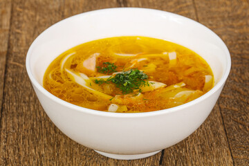 Chicken soup with noodles and meat
