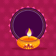 Illuminated Oil Lamp (Diya) With Empty Purple Circular Frame And Noise Effect On Dark Pink Background.