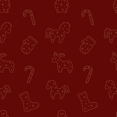 Christmas seamless transparent golden pattern on dark red background. Vector illustration with stylized deer, hors, snowman, sock, mitten, candy.