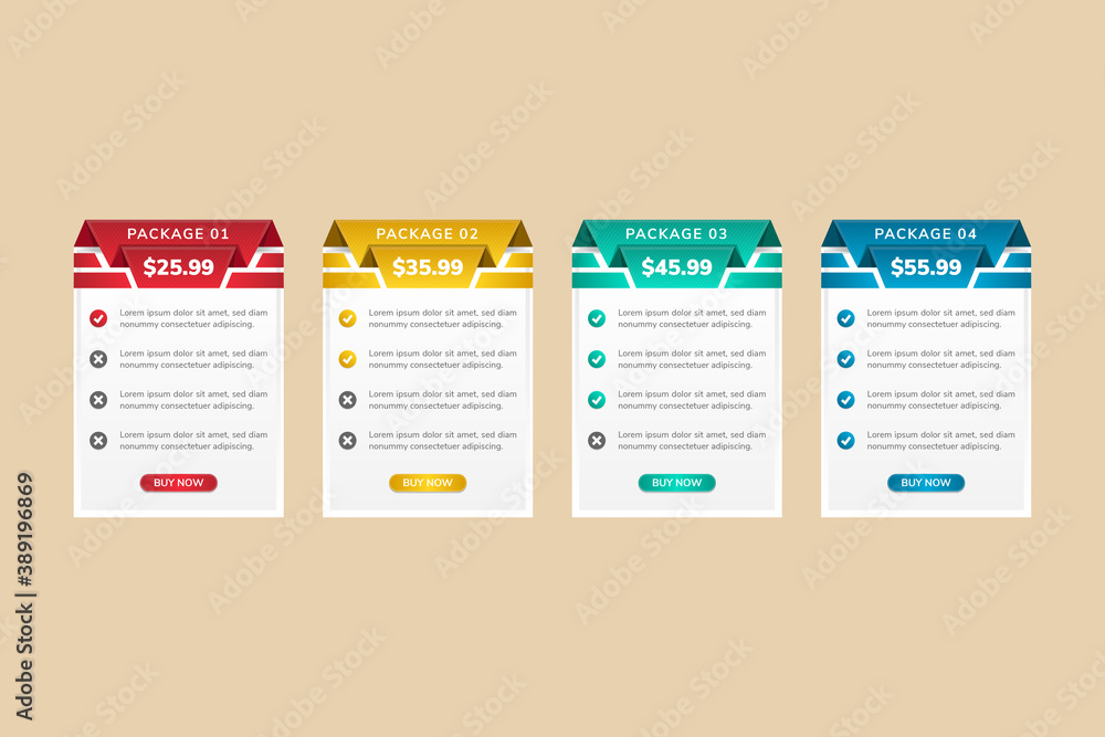 Poster tariff comparison table element, web ui template, basic, standard, premium pricing, four columns wit
