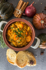 Vegetarian stew with carrots, pumpkin and lentils. Eating fresh concept. 
