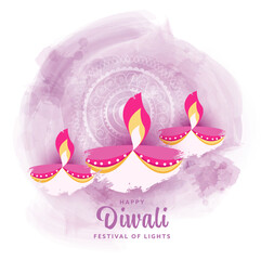 Creative Oil Lamps (Diya) in Brush Effect on Watercolor Mandala Pattern Background for Happy Diwali.