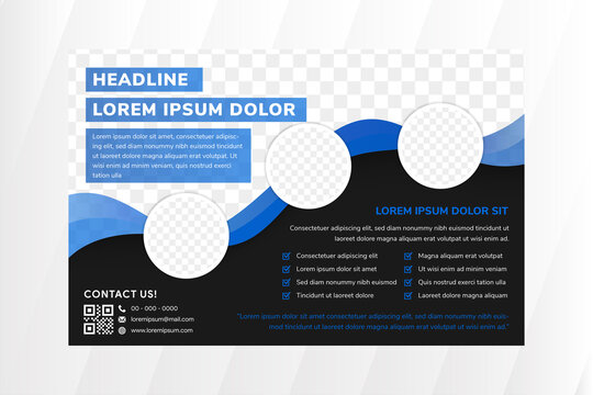 abstract geometric flyer template design with horizontal layout. wavy style element use blue color. black background. circle shape for space for photo collage.