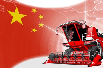 Fototapeta na wymiar Digital industrial 3D illustration of red advanced rye combine harvester on China flag - agriculture equipment innovation concept