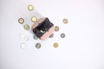 top view of coins in a small leather bag 