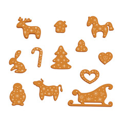 Big set of gingerbread cookies. Decorative gingerbread deer, hors, christmas tree, house, rabbit, candy cane, bell, heart, snowman, bull and sleigh with icing on white background. Vector illustration.