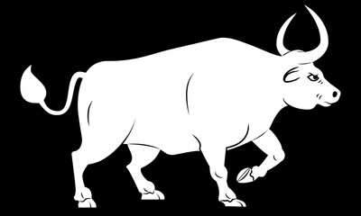 Silhouette of ox. Stylized contour of standing bull in profile. Isolated on black background. Bull logo design.