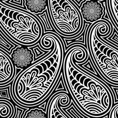 Paisley seamless pattern. Elegant black and white monochrome background. Textile bohemian print. Batik painting. Vintage Hand Drawn ornament.
