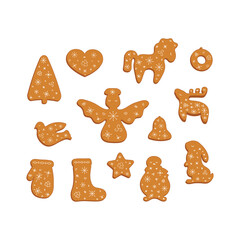 Big set of gingerbread cookies. Decorative gingerbread deer, hors, christmas tree, rabbit, bell, heart, snowman, angel, wreath, bird, mitten, sock, star with icing. Vector illustration.