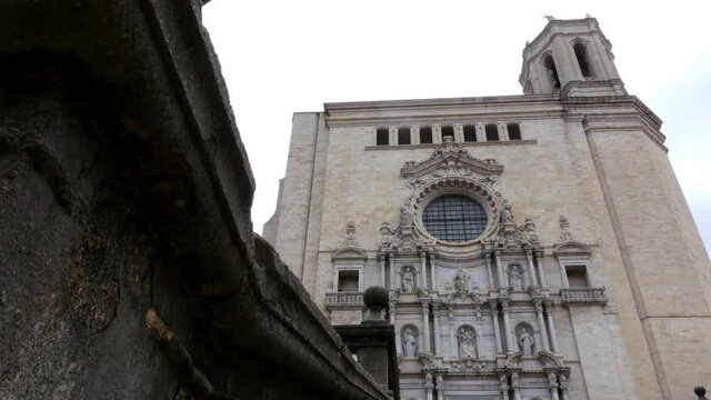 Low angle view of the Gothic cathedral in Girona, Catalunya, Spain - 4k