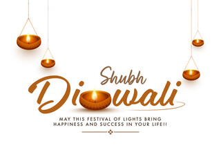 Shubh Diwali Font With Illuminated Oil Lamps Decorated On White Background.