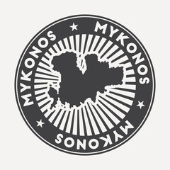 Mykonos round logo. Vintage travel badge with the circular name and map of the island, vector illustration. Can be used as insignia, logotype, label, sticker or badge of Mykonos.