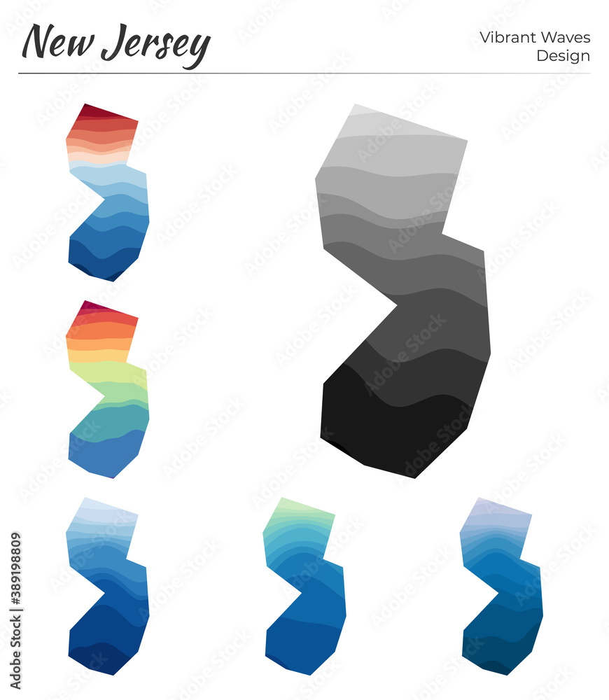 Poster set of vector maps of new jersey. vibrant waves design. bright map of us state in geometric smooth c