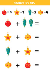 Addition with Christmas balls. Mathematical game for kids.