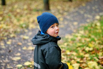 Cute little boy walking in the Park on an autumn day. Turn around.