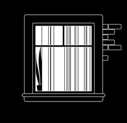 Window at night with closed curtains in evening time. Empty nighttime flat with light inside, illuminated neighbour apartment. Vector illustration, black, white ink pen line art drawing