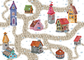 Naklejka premium Seamless pattern depicting a winter landscape with fantastic houses and snowfall