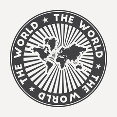 The World round logo. Vintage travel badge with the circular name and map of world, vector illustration. Can be used as insignia, logotype, label, sticker or badge of the The World.