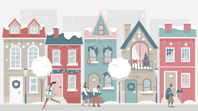 People walk on festive Christmas city street vector illustration. Cartoon urban cityscape with decorated houses, walking man woman characters, holding Christmas tree, gifts and xmas decor background