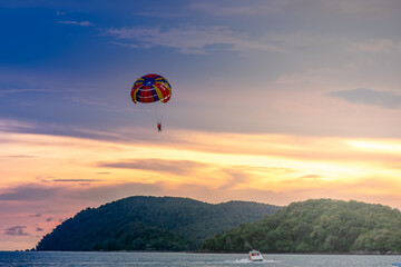 Langkawi, Malaysia, 2019. Parasailing on tropical islands