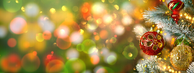 Christmas Tree with colourful Baubles and Decorations. Festive Christmas or New Year concept with bright bokeh and copy space.