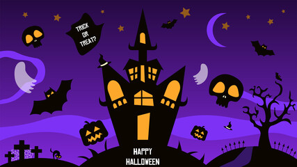 Violet scary background trendy design with castle, ghost, bat, car and skull for celebrate Halloween. Horror banner vector design.