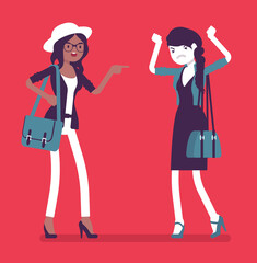 Conflict of interest for girlfriends, professional, difference of opinions. Emotional friends communicating badly, stress relief difficulty, girls get jealous. Vector creative stylized illustration