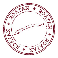 Roatan round rubber stamp with island map. Vintage red passport stamp with circular text and stars, vector illustration.