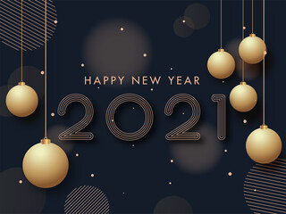 2021 Happy New Year Text with Hanging Golden Baubles and Circle Stripes on Blue Background.