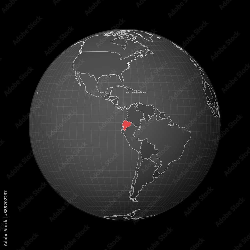 Poster dark globe centered on ecuador. country highlighted with red color on world map. satellite world pro