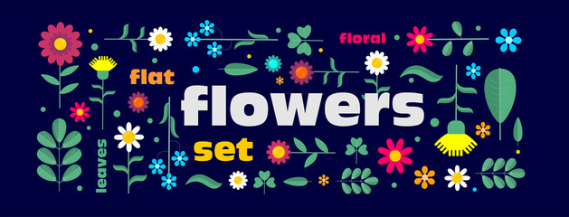 Flat vector set of flowers, leaves and meadow plants.