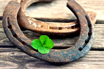 Hufeisen mit Glücksklee 4 Blättrig auf Holz