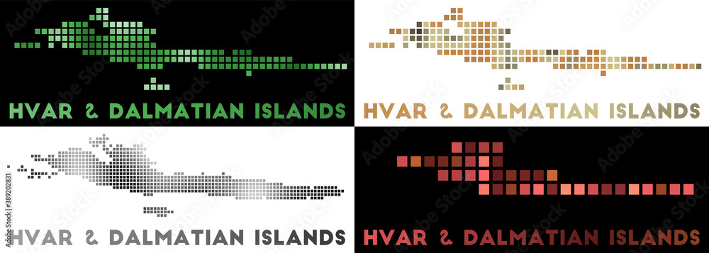 Poster hvar & dalmatian islands map. collection of maps of hvar & dalmatian islands in dotted style. border