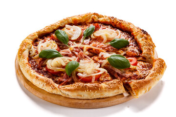 Pizza with ham, mozzarella, champignon, tomatoes and onion on white background
