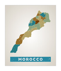 Morocco map. Country poster with regions. Old grunge texture. Shape of Morocco with country name. Modern vector illustration.