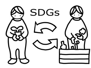 SDGsの内容を分かりやすくイメージした、手描きイラスト(エネルギー・リサイクル・環境)。人参の皮をコンポストに入れて堆肥をつくり、その土で野菜の苗を育てているイラスト