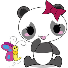 A baby panda watching a butterfly