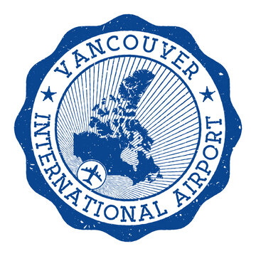 Vancouver International Airport stamp. Airport of Vancouver round logo with location on Canada map marked by airplane. Vector illustration.