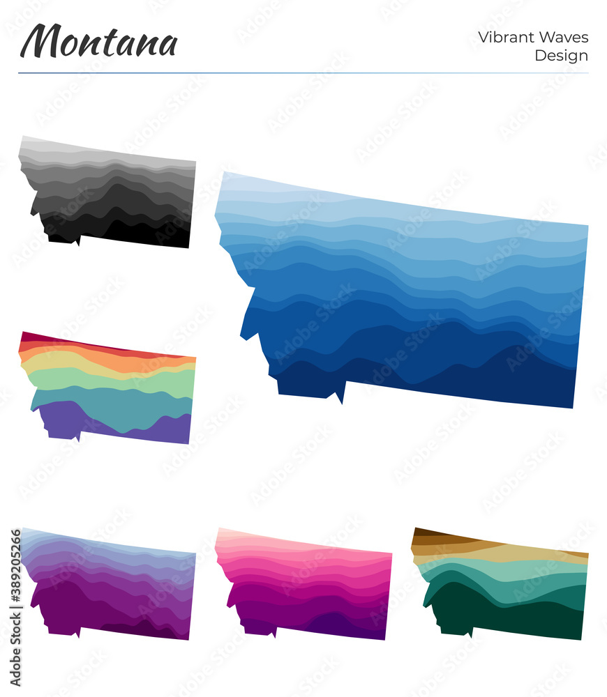 Poster set of vector maps of montana. vibrant waves design. bright map of us state in geometric smooth curv