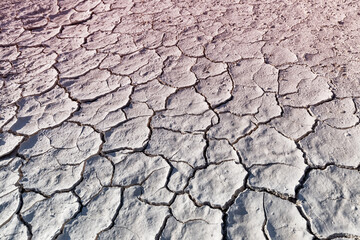 White soil cracked from the drought, top view. Background and texture to illustrate global environmental and climate change issues
