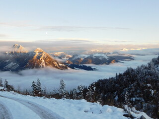 winter landscape with snow and inversion in austrian alps