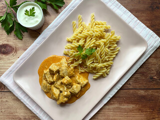 Classic chicken goulash with fusilli pasta in sour creme gravy. 